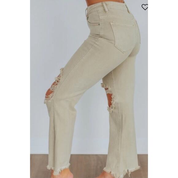 Risen High Rise Women's Distressed Jeans in Sand, 7/28 - Picture 2 of 9